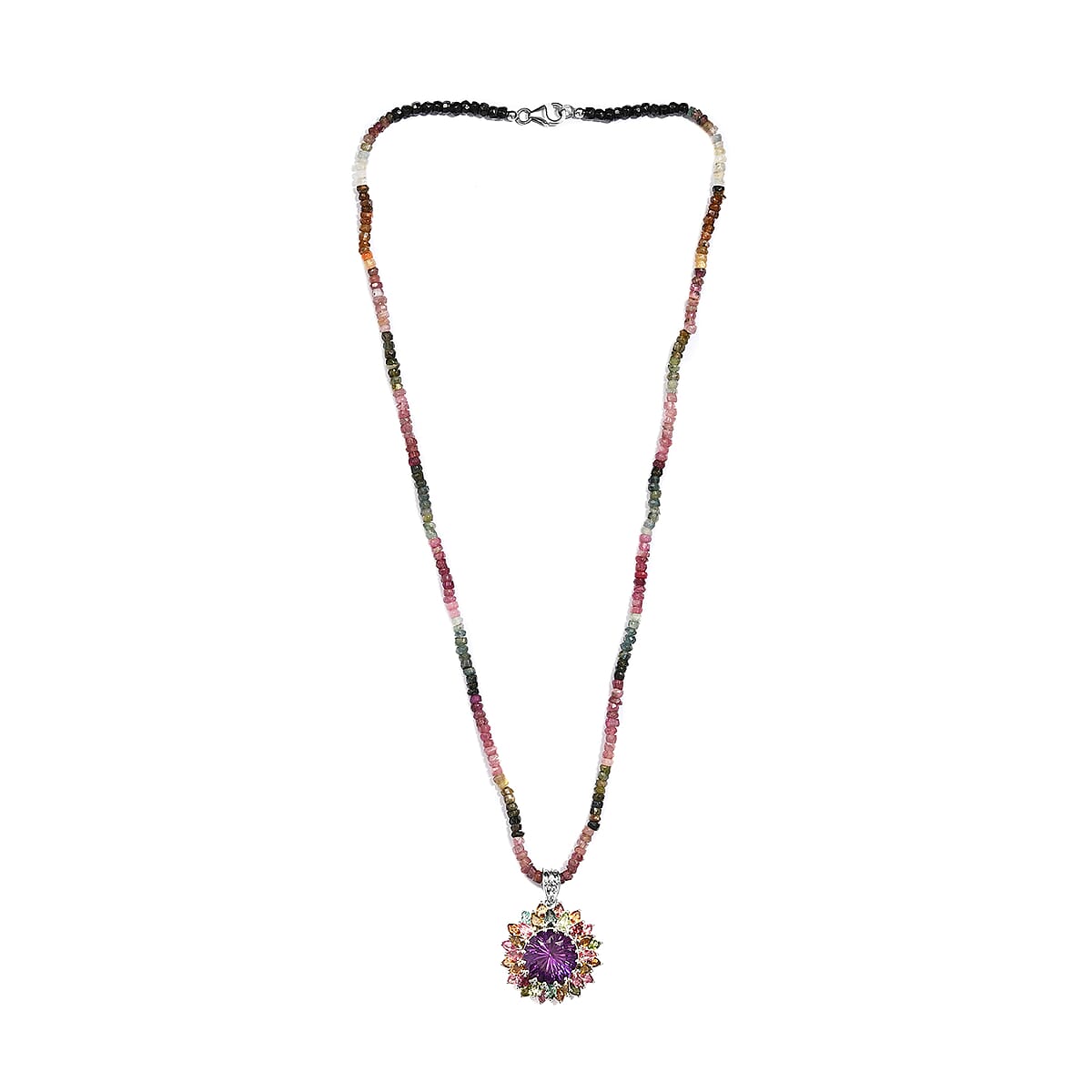 Hanabi Cut Zambian Amethyst, Multi-Tourmaline Firework Pendant with Beaded Necklace (20 Inches) in Platinum Over Sterling Silver (17.70 g) 50.75 ctw image number 3