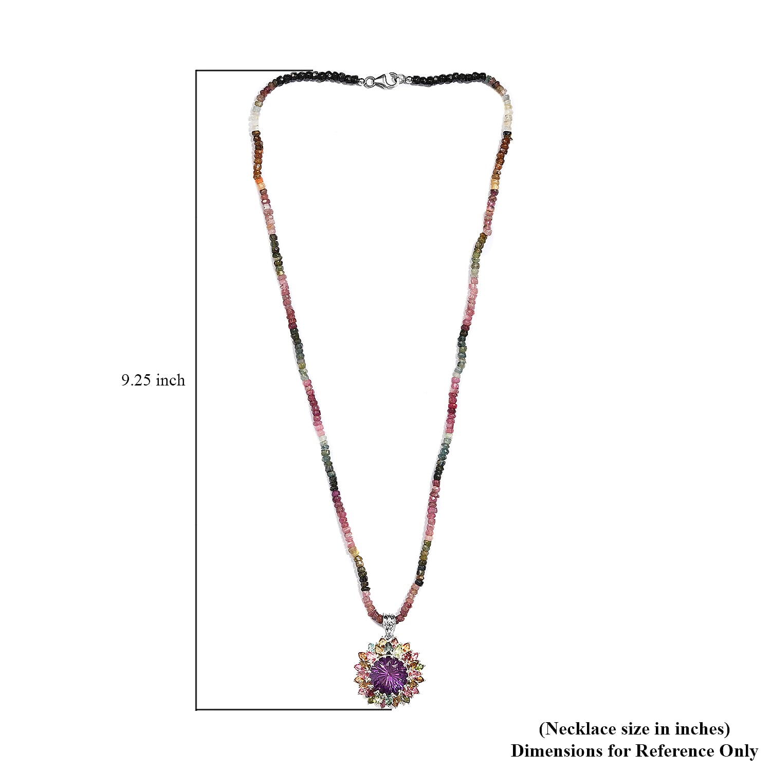Hanabi Cut Zambian Amethyst and Multi-Tourmaline Firework Pendant with Beaded Necklace 20 Inches in Platinum Over Sterling Silver 17.70g 49.15 ctw