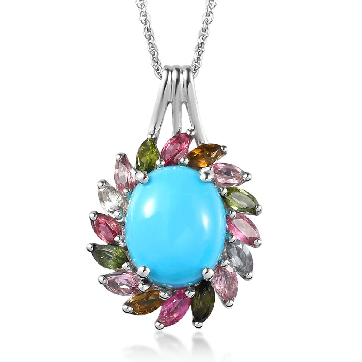 Sleeping Beauty Turquoise and Multi-Tourmaline Cocktail Pendant Necklace 20 Inches in Platinum Over Sterling Silver 4.30 ctw image number 0