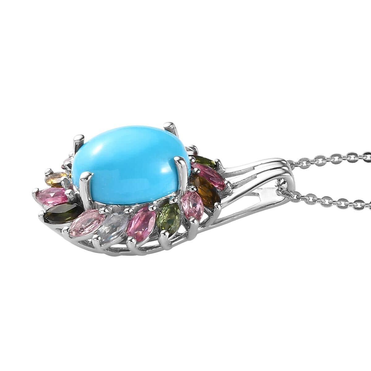 Sleeping Beauty Turquoise and Multi-Tourmaline Cocktail Pendant Necklace 20 Inches in Platinum Over Sterling Silver 4.30 ctw image number 3