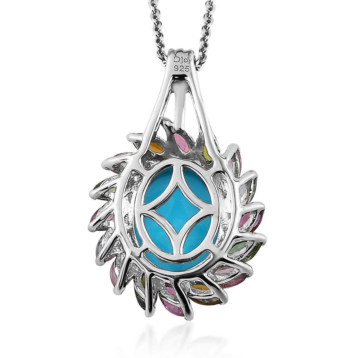 TLV AMERICAN Natural Sleeping Beauty Turquoise, Multi-Tourmaline Halo Pendant Necklace (20 Inches) in Platinum Over Sterling Silver 4.30 ctw