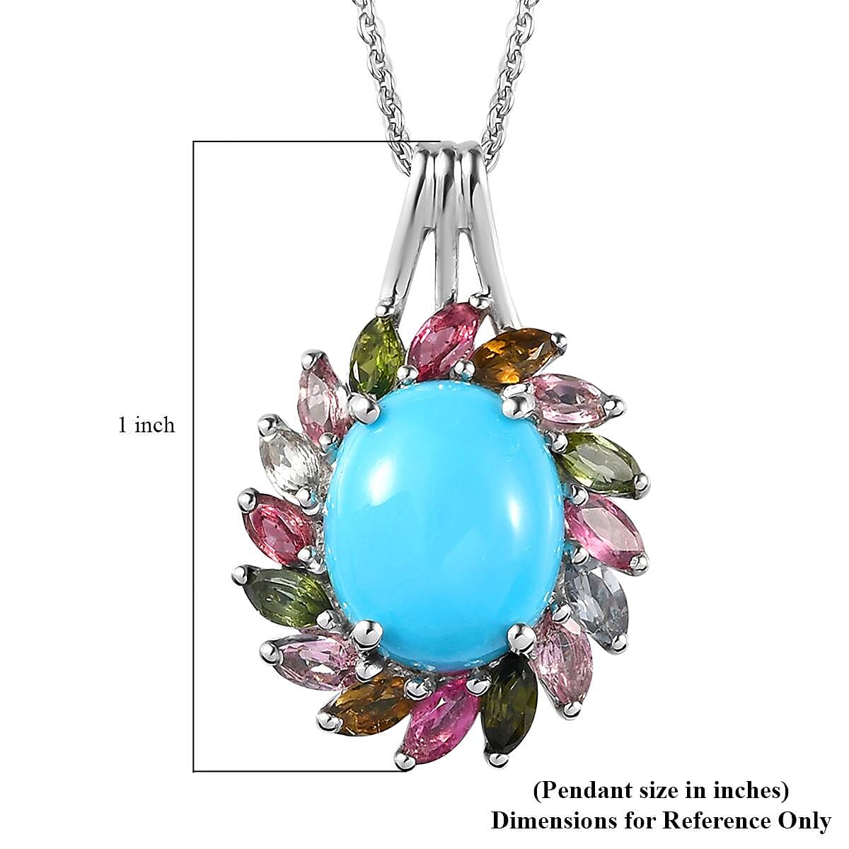 TLV AMERICAN Natural Sleeping Beauty Turquoise, Multi-Tourmaline Halo Pendant Necklace (20 Inches) in Platinum Over Sterling Silver 4.30 ctw
