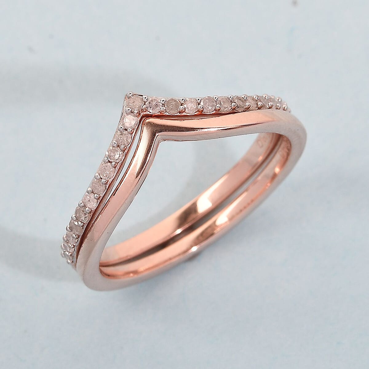 4th of JULY SPECIAL Set of 2 Diamond Chevron Ring in Vermeil Rose Gold Over Sterling Silver (Size 7.0) 0.20 ctw image number 1
