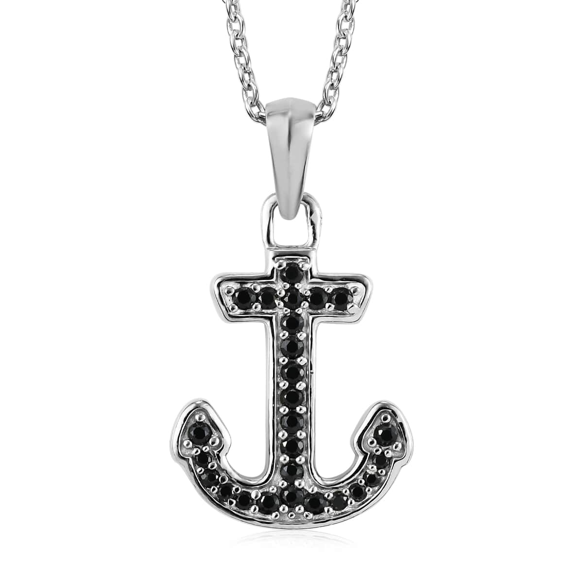 Thai Black Spinel Anchor Pendant Necklace 20 Inches in Platinum Over Sterling Silver 0.40 ctw image number 0