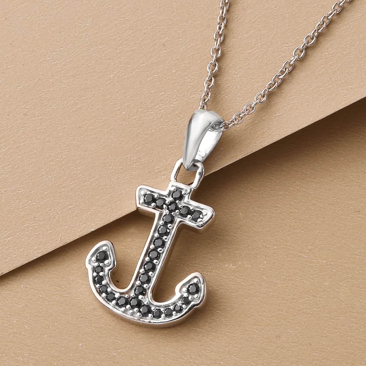 Thai Black Spinel Anchor Pendant Necklace 20 Inches in Platinum Over Sterling Silver 0.40 ctw image number 1