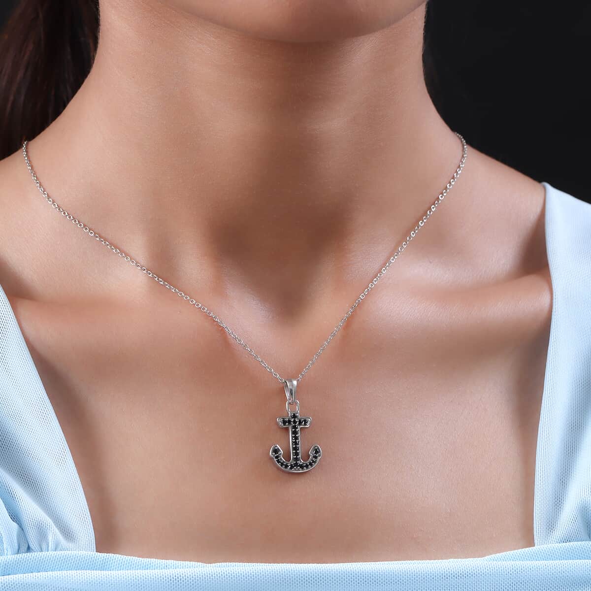 Thai Black Spinel Anchor Pendant Necklace 20 Inches in Platinum Over Sterling Silver 0.40 ctw image number 2