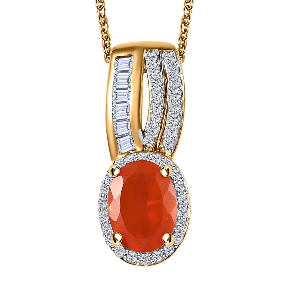 Crimson Fire Opal, White Zircon Pendant Necklace (20 Inches) in Vermeil YG Over Sterling Silver image number 0