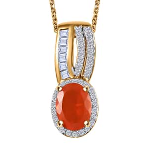 Crimson Fire Opal, White Zircon Pendant Necklace (20 Inches) in Vermeil YG Over Sterling Silver