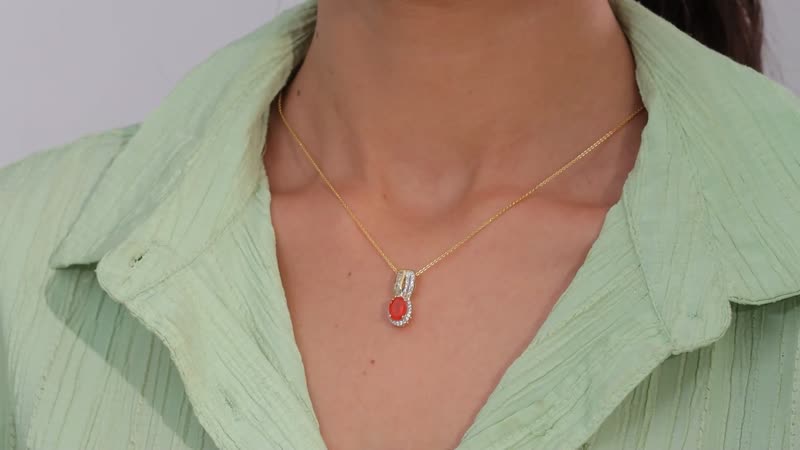 Crimson Fire Opal, White Zircon Pendant Necklace (20 Inches) in Vermeil YG Over Sterling Silver