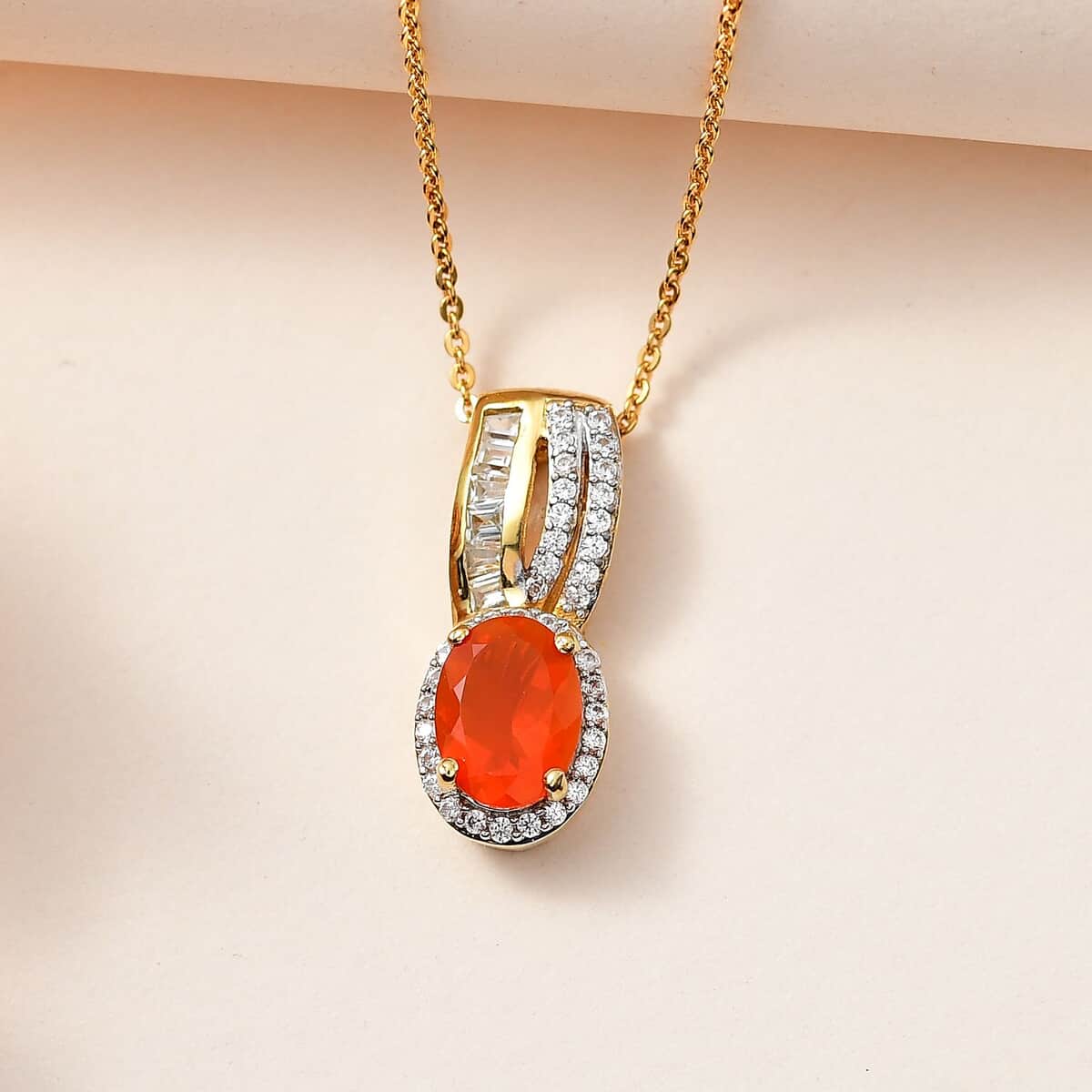 Crimson Fire Opal, White Zircon Pendant Necklace (20 Inches) in Vermeil YG Over Sterling Silver image number 1