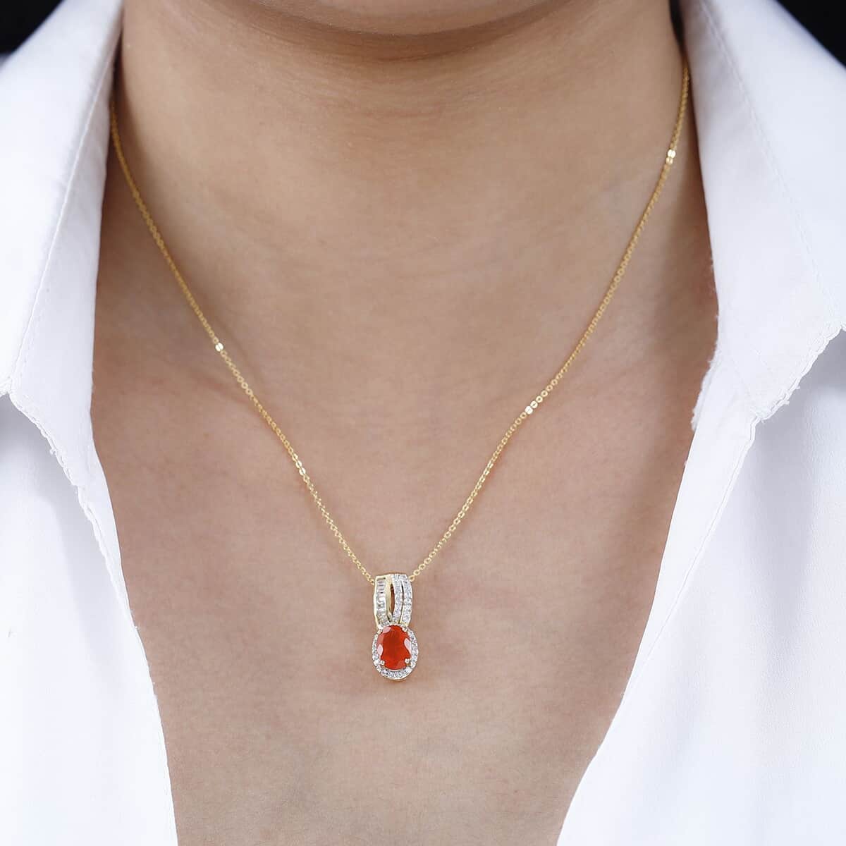 Crimson Fire Opal, White Zircon Pendant Necklace (20 Inches) in Vermeil YG Over Sterling Silver image number 2