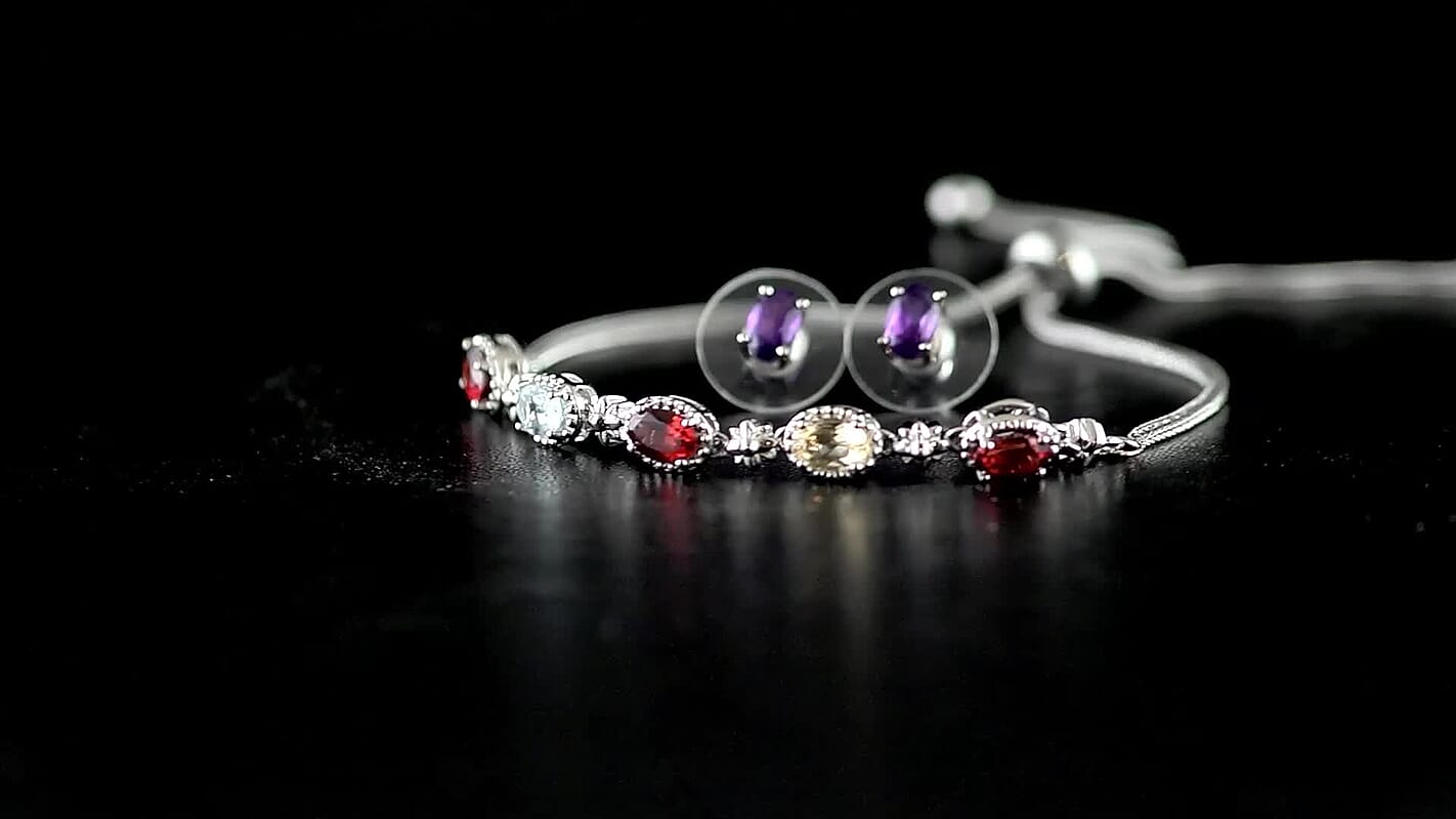 KARIS Amethyst and Multi Gemstone Stud Earrings and Bolo Bracelet in Platinum Bond and Stainless Steel 3.80 ctw