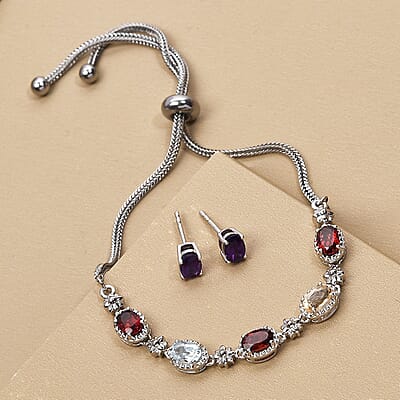 Karis Amethyst and Multi Gemstone Stud Earrings and Bolo Bracelet in Platinum Bond and Stainless Steel 3.80 ctw