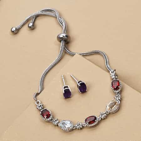 Karis Amethyst and Multi Gemstone Stud Earrings and Bolo Bracelet in Platinum Bond and Stainless Steel 3.80 ctw image number 1