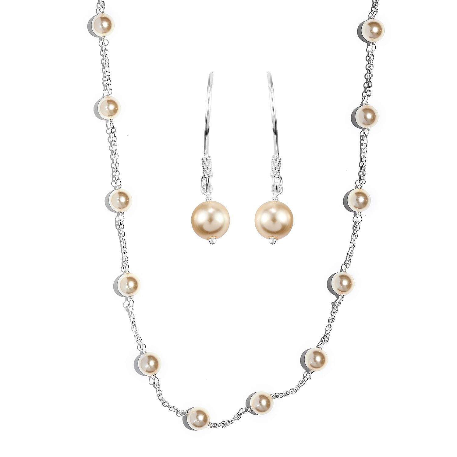 Light Gold Pearl Crystal Station Necklace 20 Inches and Earrings in Sterling Silver