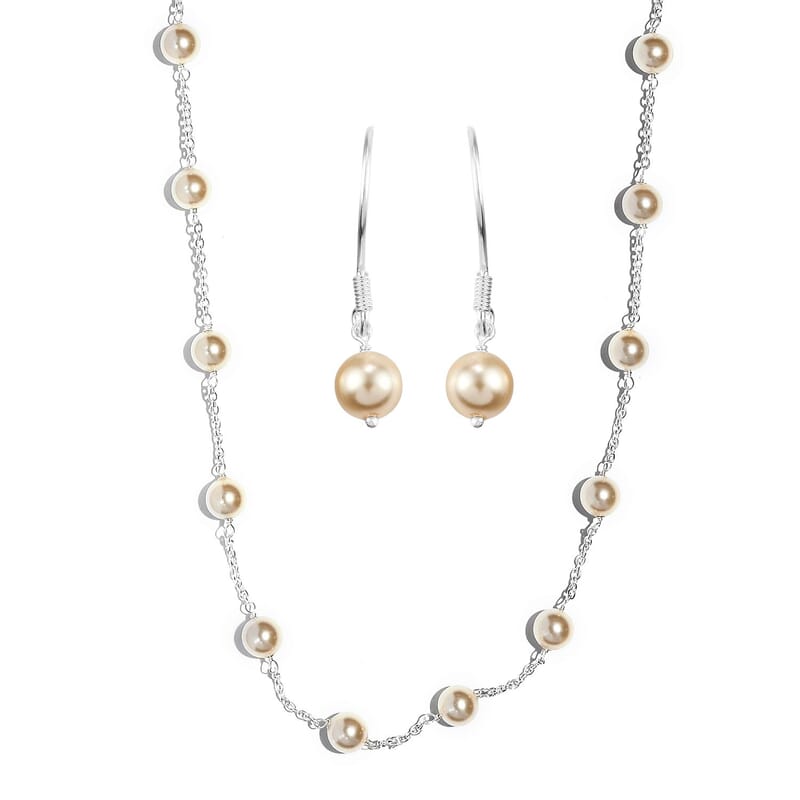 Light Gold Pearl Crystal Station Necklace 20 Inches and Earrings in Sterling Silver