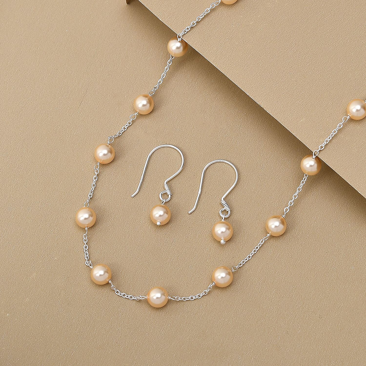 Light Gold Pearl Crystal Station Necklace 20 Inches and Earrings in Sterling Silver