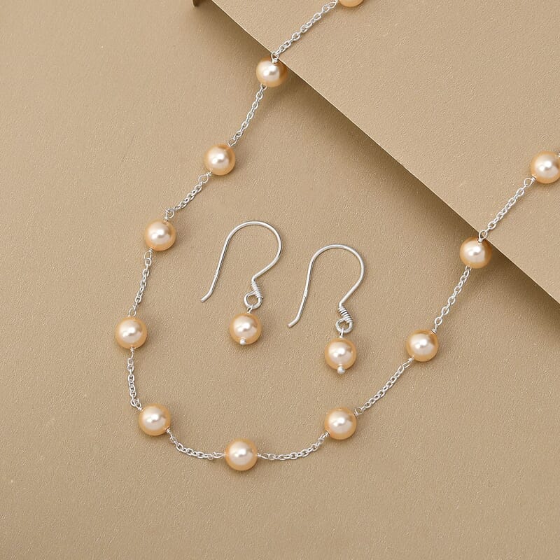 Light Gold Pearl Crystal Station Necklace 20 Inches and Earrings in Sterling Silver
