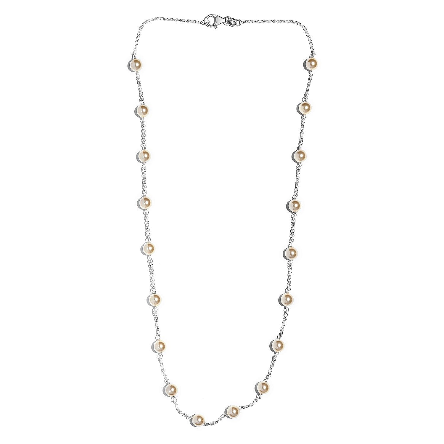 Light Gold Pearl Crystal Station Necklace 20 Inches and Earrings in Sterling Silver
