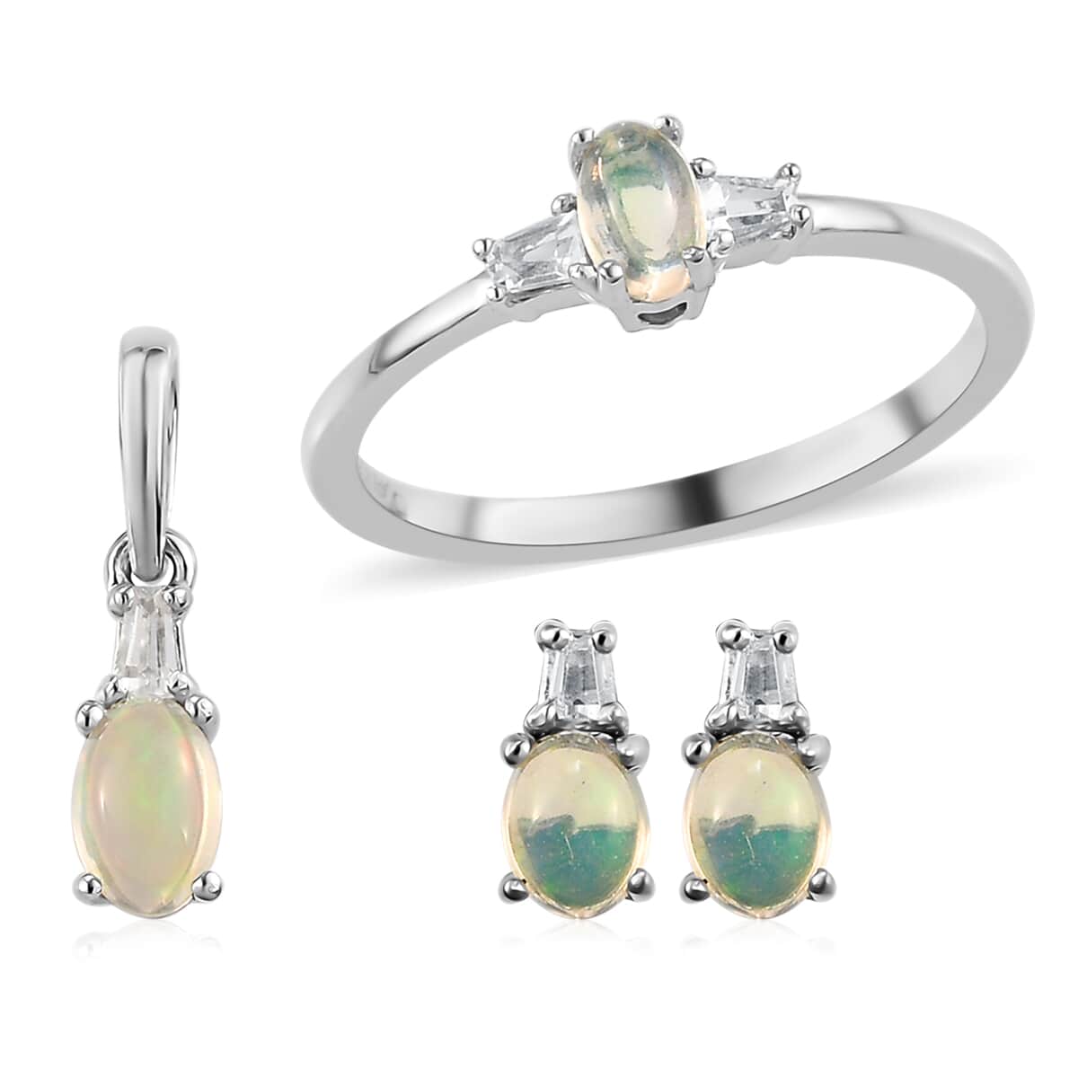 Ethiopian Welo Opal and White Topaz Earrings, Ring (Size 6.0) and Pendant in Platinum Over Sterling Silver 0.80 ctw image number 0