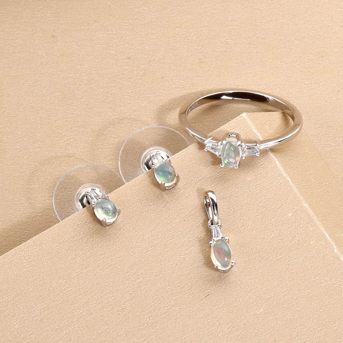 Ethiopian Welo Opal and White Topaz Earrings, Ring (Size 6.0) and Pendant in Platinum Over Sterling Silver 0.80 ctw image number 1