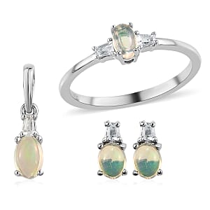 Ethiopian Welo Opal and White Topaz Earrings, Ring (Size 8.0) and Pendant in Platinum Over Sterling Silver 0.80 ctw
