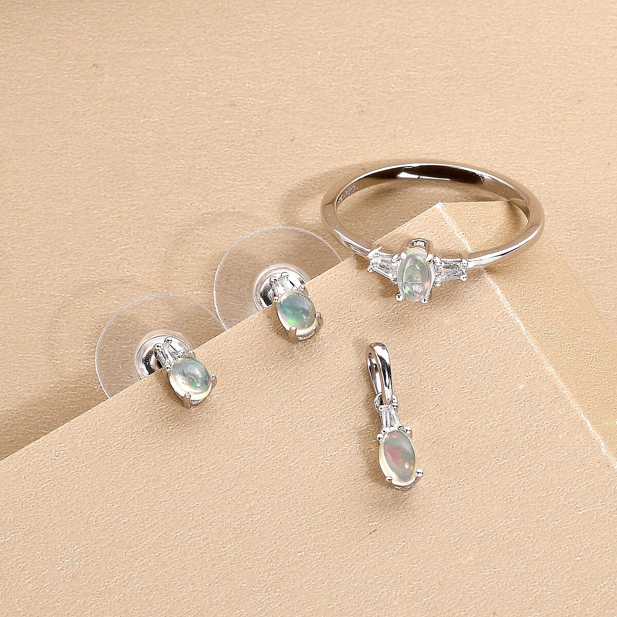 Ethiopian Welo Opal and White Topaz Earrings, Ring (Size 9.0) and Pendant in Platinum Over Sterling Silver 0.80 ctw image number 1