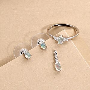 Ethiopian Welo Opal and White Topaz Earrings, Ring (Size 9.0) and Pendant in Platinum Over Sterling Silver 0.80 ctw
