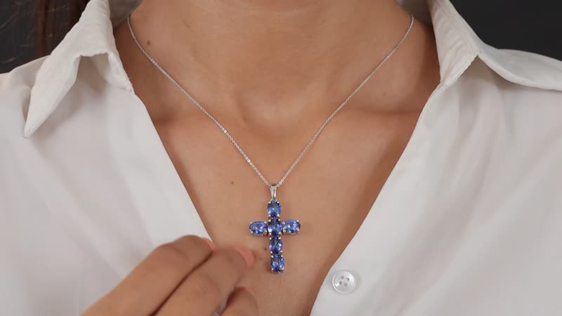 Brazilian Periwinkle Bloom Petalite Cross Pendant Necklace 20 Inches in Platinum Over Sterling Silver 5.65 ctw