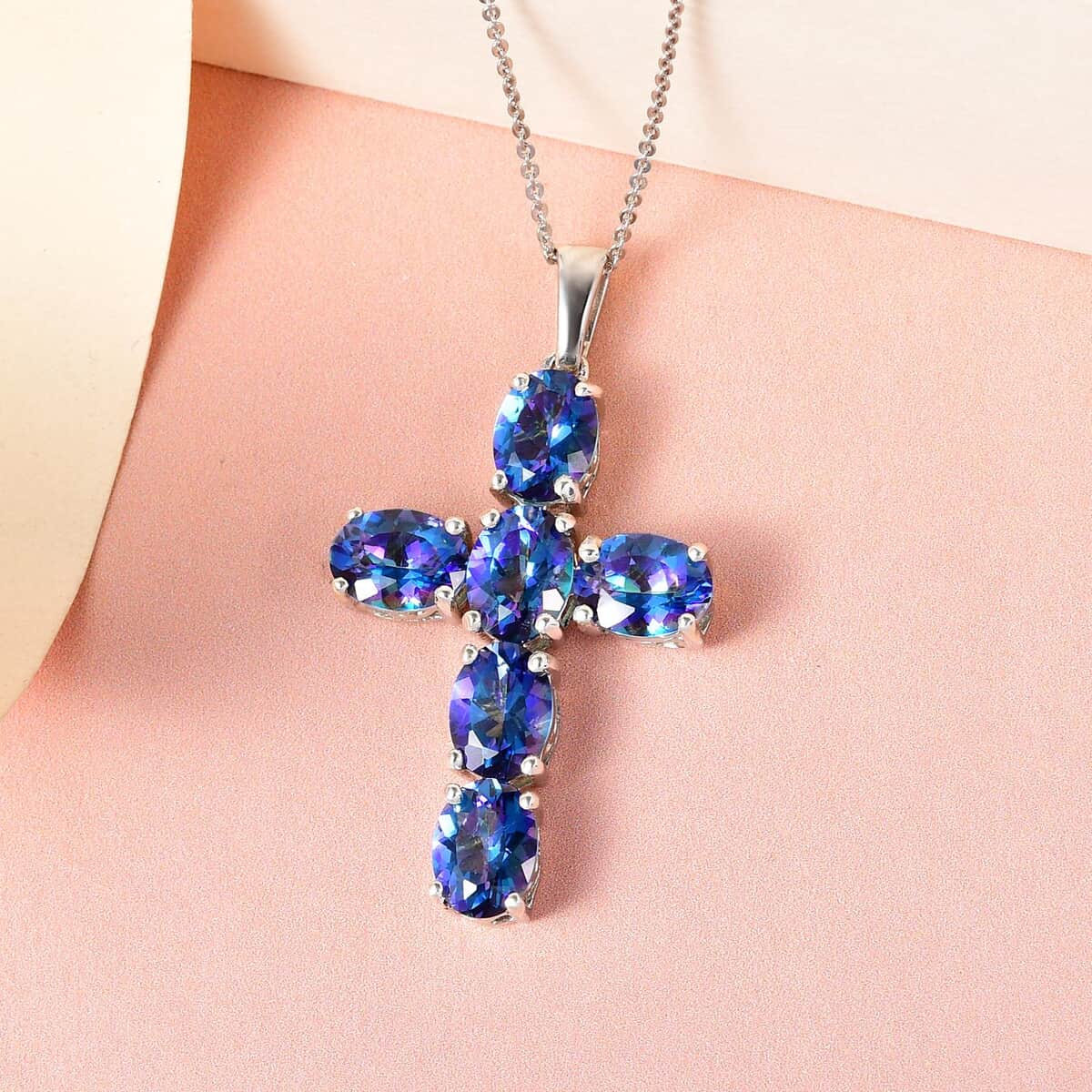 Brazilian Periwinkle Bloom Petalite Cross Pendant Necklace 20 Inches in Platinum Over Sterling Silver 5.65 ctw image number 1