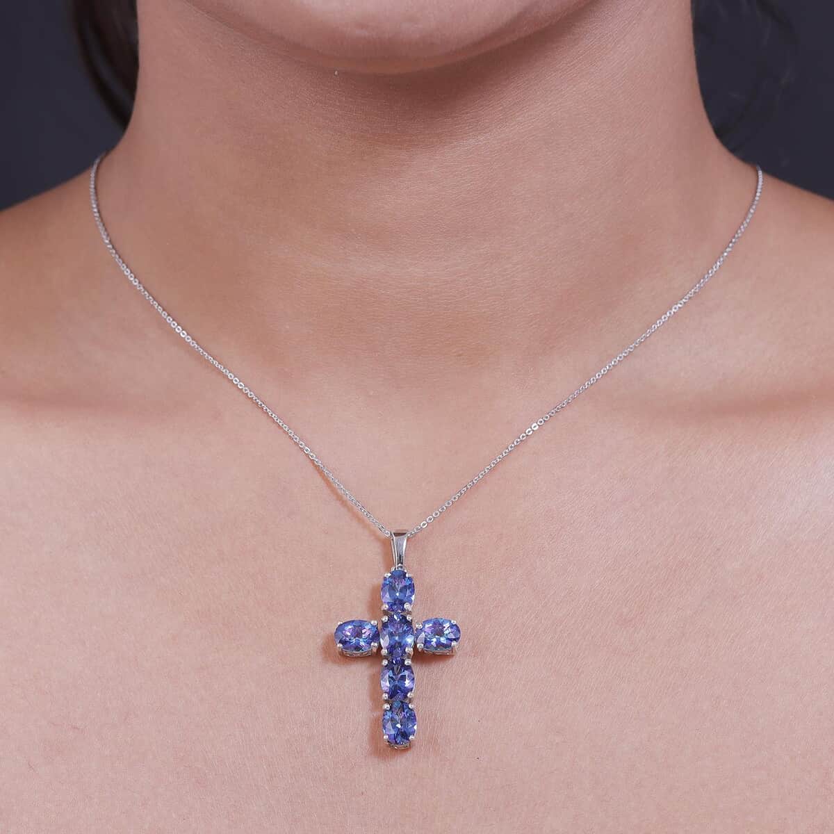 Brazilian Periwinkle Bloom Petalite Cross Pendant Necklace 20 Inches in Platinum Over Sterling Silver 5.65 ctw image number 2
