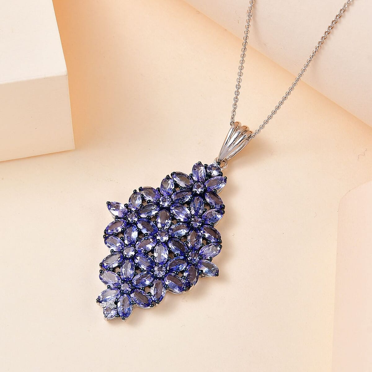 Tanzanite Floral Pendant Necklace 20 Inches in Rhodium and Platinum Over Sterling Silver 9.40 Grams 7.35 ctw image number 1