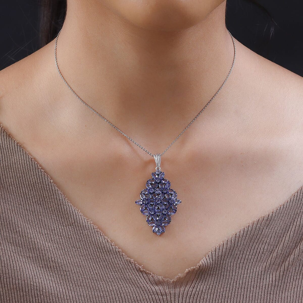 Tanzanite Floral Pendant Necklace 20 Inches in Rhodium and Platinum Over Sterling Silver 9.40 Grams 7.35 ctw image number 2