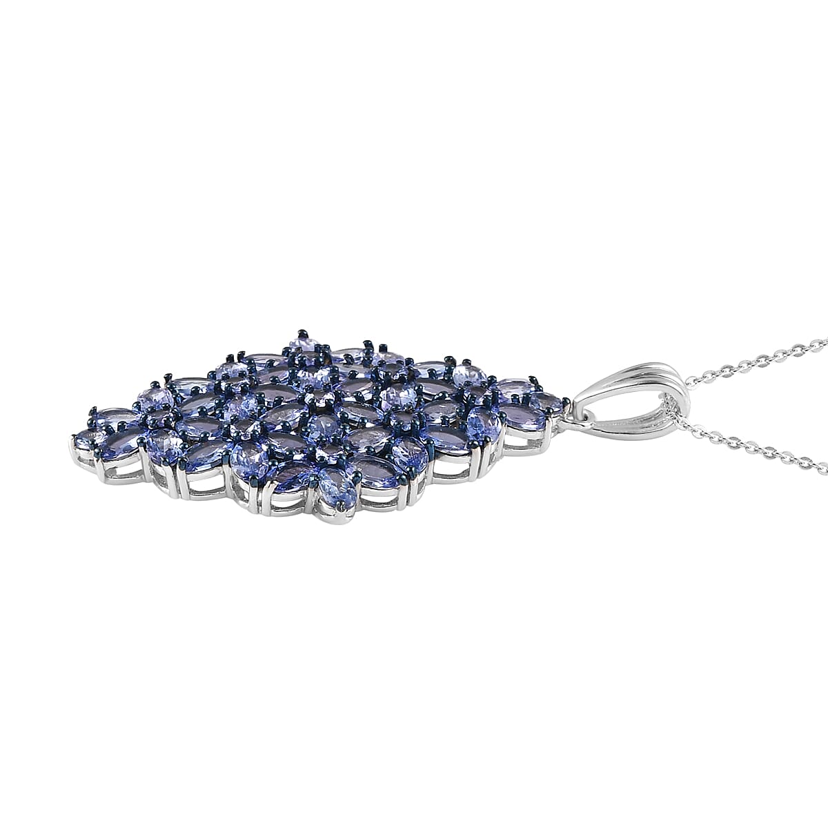Tanzanite Floral Pendant Necklace 20 Inches in Rhodium and Platinum Over Sterling Silver 9.40 Grams 7.35 ctw image number 3