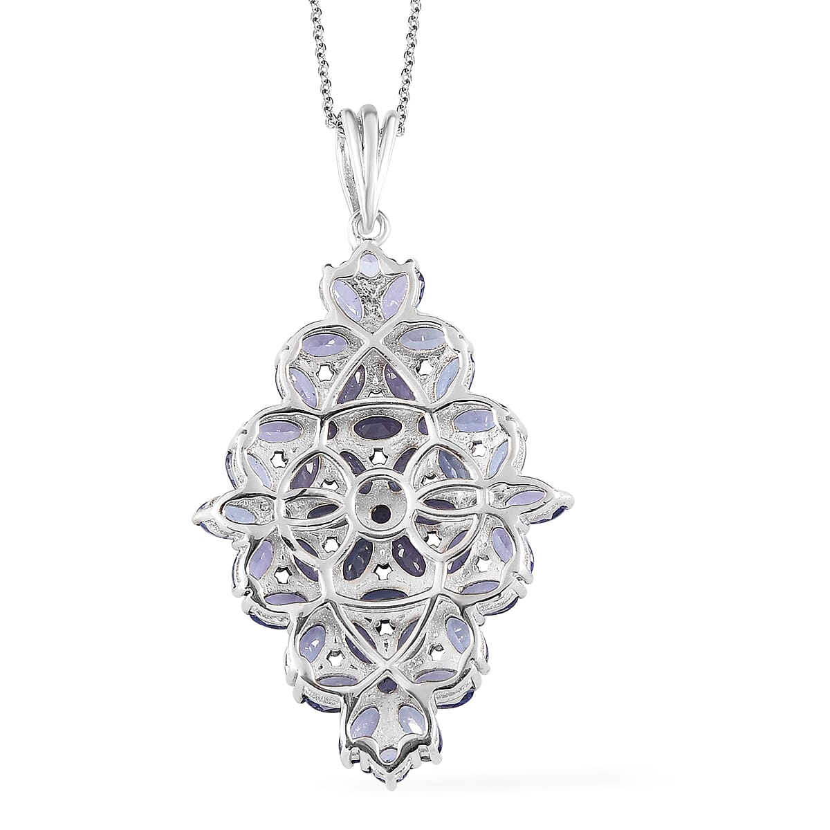 Tanzanite Floral Pendant Necklace 20 Inches in Rhodium and Platinum Over Sterling Silver 9.40 Grams 7.35 ctw image number 5