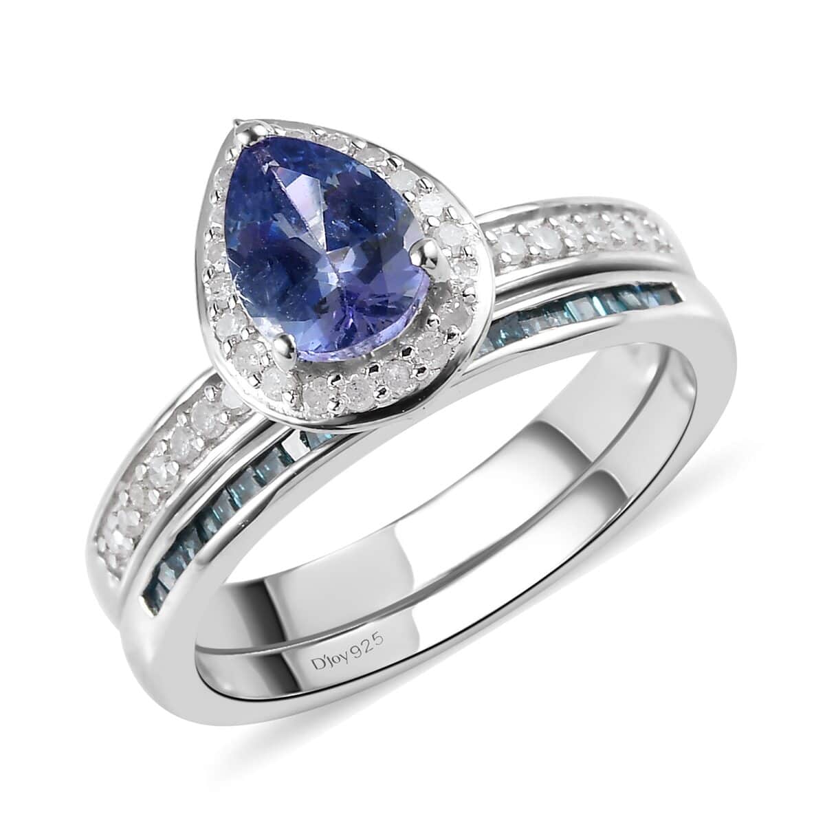 Peacock Tanzanite, Blue and White Diamond Set of 2 Stackable Ring in Platinum Over Sterling Silver (Size 6) 1.15 ctw image number 0