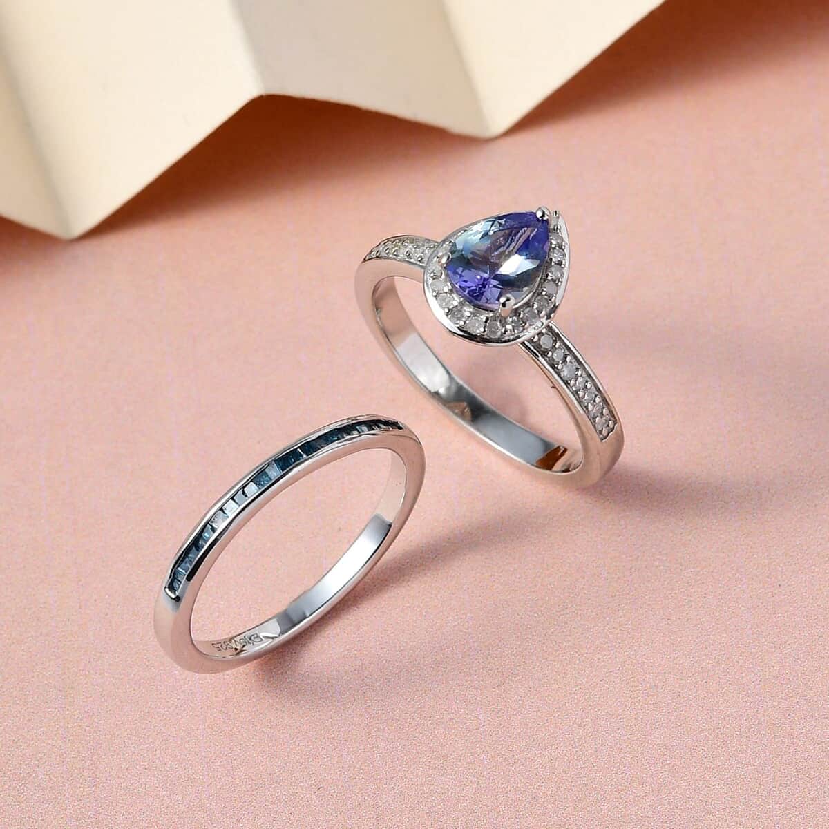 Peacock Tanzanite, Blue and White Diamond Set of 2 Stackable Ring in Platinum Over Sterling Silver (Size 6) 1.15 ctw image number 1