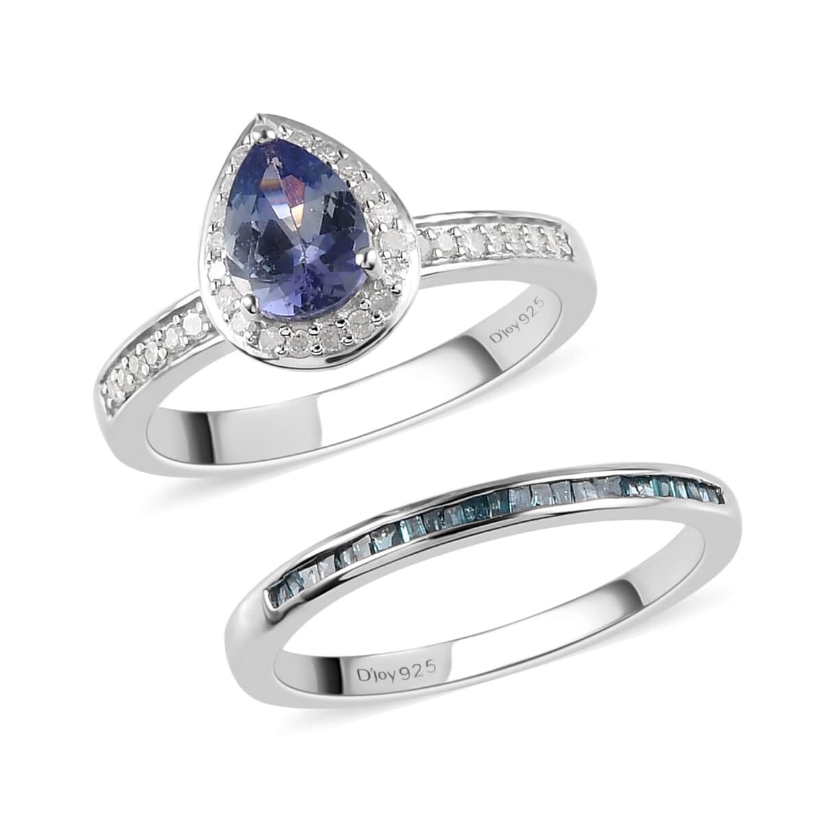 Peacock Tanzanite, Blue and White Diamond Set of 2 Stackable Ring in Platinum Over Sterling Silver 1.15 ctw image number 4