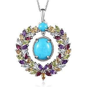 Sleeping Beauty Turquoise and Multi Gemstone Pendant Necklace 20 Inches in Platinum Over Sterling Silver 9.00 ctw