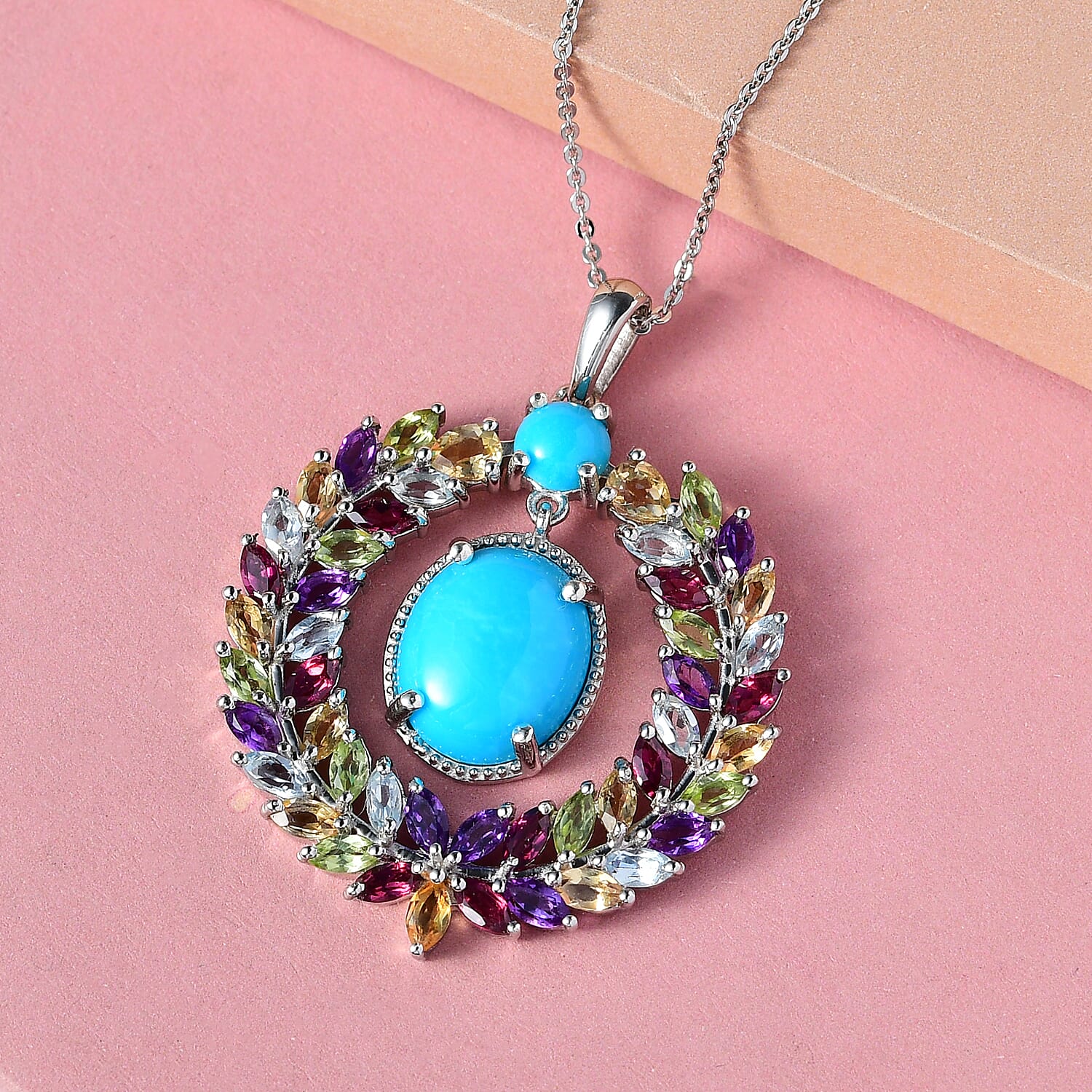 Sleeping Beauty Turquoise and Multi Gemstone Pendant Necklace 20 Inches in Platinum Over Sterling Silver 9.00 ctw