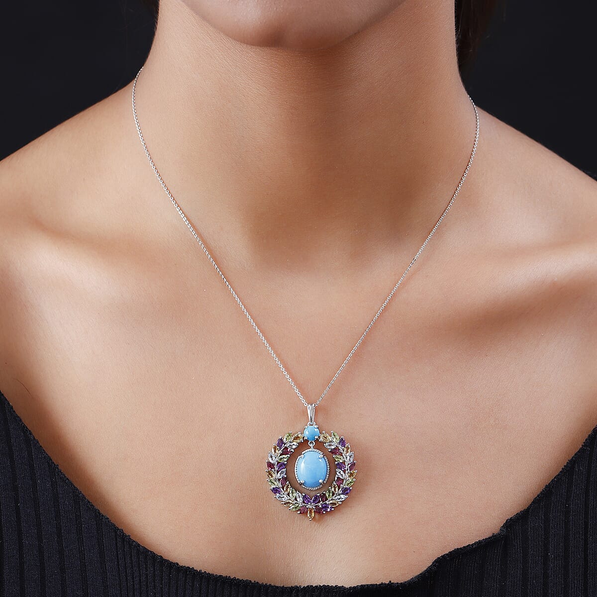 Sleeping Beauty Turquoise and Multi Gemstone Pendant Necklace 20 Inches in Platinum Over Sterling Silver 9.00 ctw image number 2