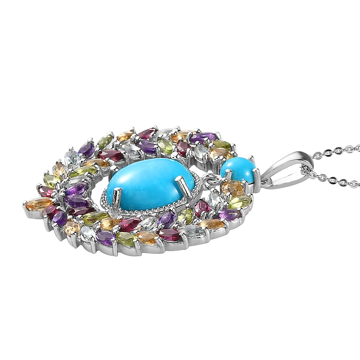 Sleeping Beauty Turquoise and Multi Gemstone Pendant Necklace 20 Inches in Platinum Over Sterling Silver 9.00 ctw