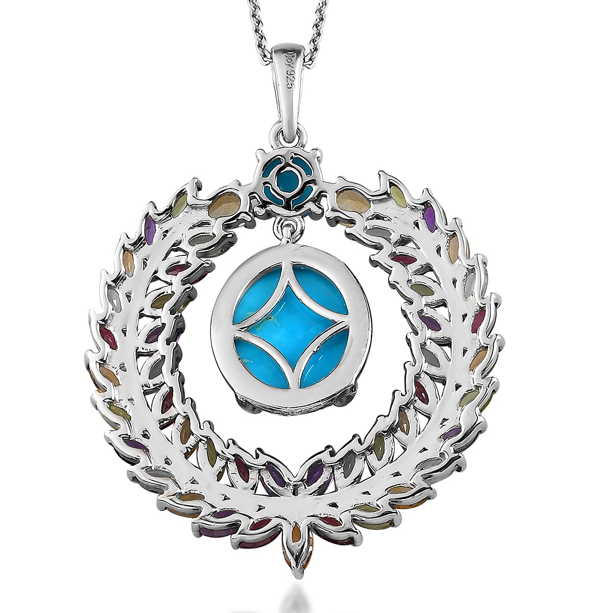 Sleeping Beauty Turquoise and Multi Gemstone Pendant Necklace 20 Inches in Platinum Over Sterling Silver 9.00 ctw image number 4
