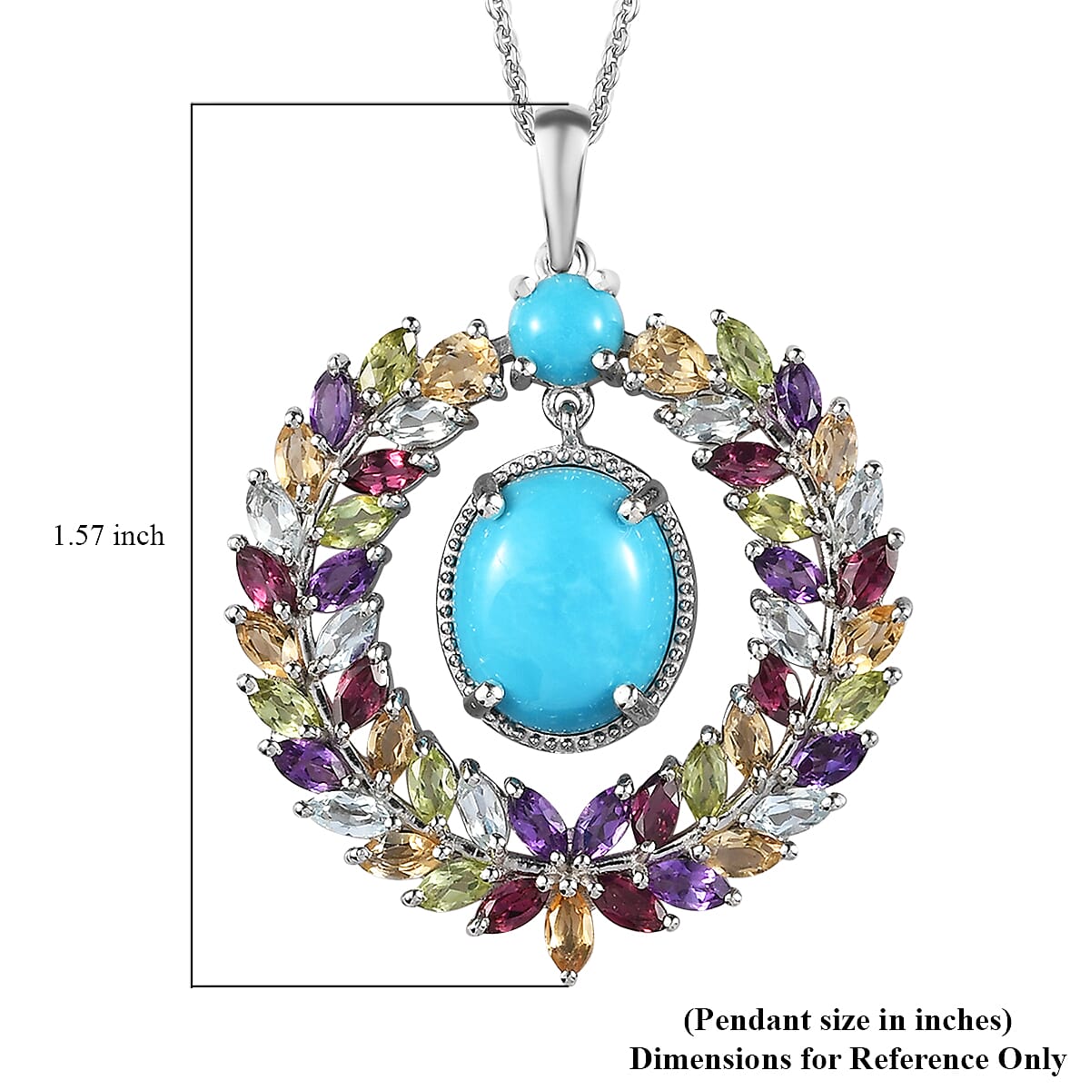 Sleeping Beauty Turquoise and Multi Gemstone Pendant Necklace 20 Inches in Platinum Over Sterling Silver 9.00 ctw