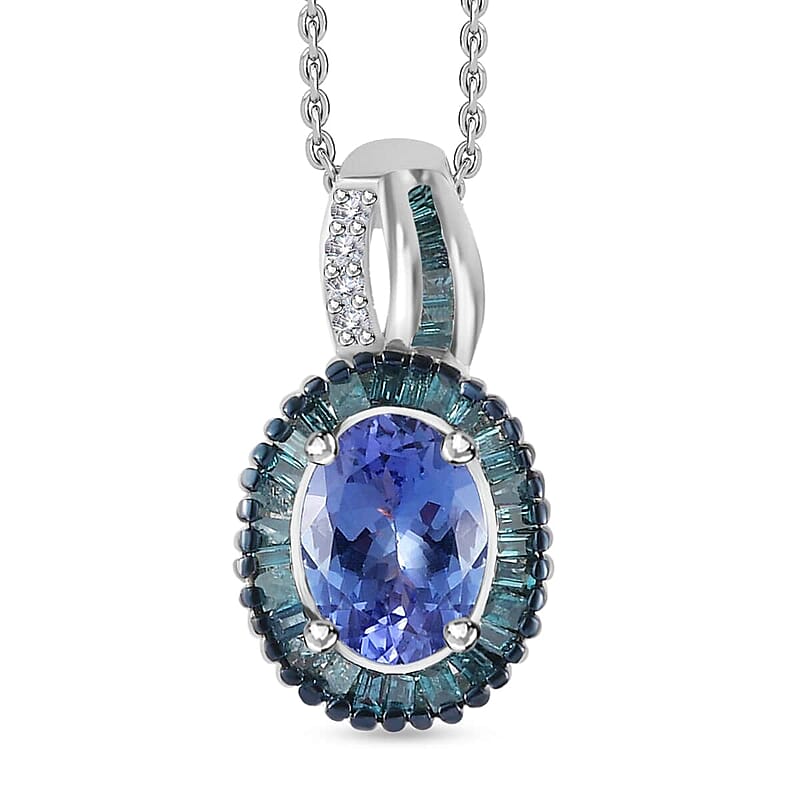 Peacock Tanzanite Necklace in Sterling Silver, Blue Diamond Halo Pendant, Diamond Pendant 1.35 ctw (20 Inches)