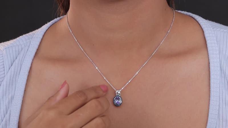 Peacock Tanzanite Necklace in Sterling Silver, Blue Diamond Halo Pendant, Diamond Pendant 1.35 ctw (20 Inches)