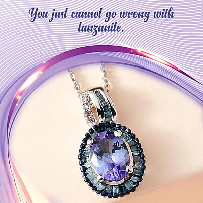 Peacock Tanzanite Necklace in Sterling Silver, Blue Diamond Halo Pendant, Diamond Pendant 1.35 ctw (20 Inches)