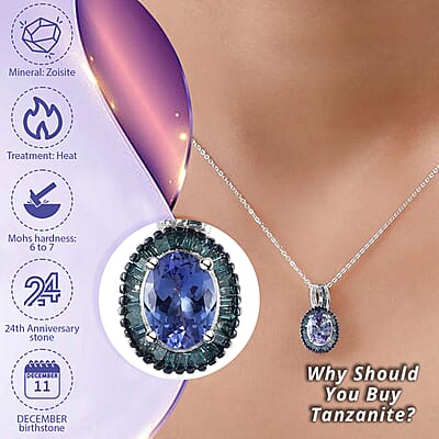 Peacock Tanzanite Necklace in Sterling Silver, Blue Diamond Halo Pendant, Diamond Pendant 1.35 ctw (20 Inches)