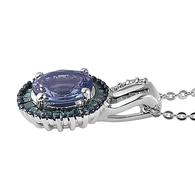 Peacock Tanzanite Necklace in Sterling Silver, Blue Diamond Halo Pendant, Diamond Pendant 1.35 ctw (20 Inches)