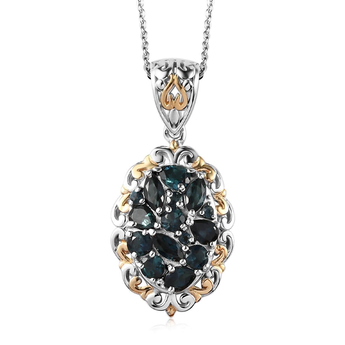 Premium Monte Belo Indicolite and Natural White Zircon Pendant Necklace 20 Inches in Vermeil YG and Platinum Over Sterling Silver 1.50 ctw image number 0